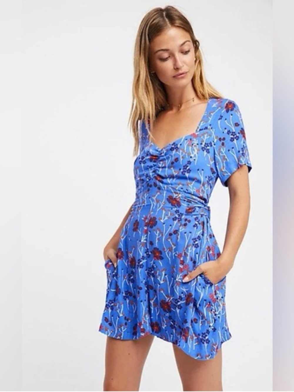 Free People Blue Floral Short Romper with V-Neck